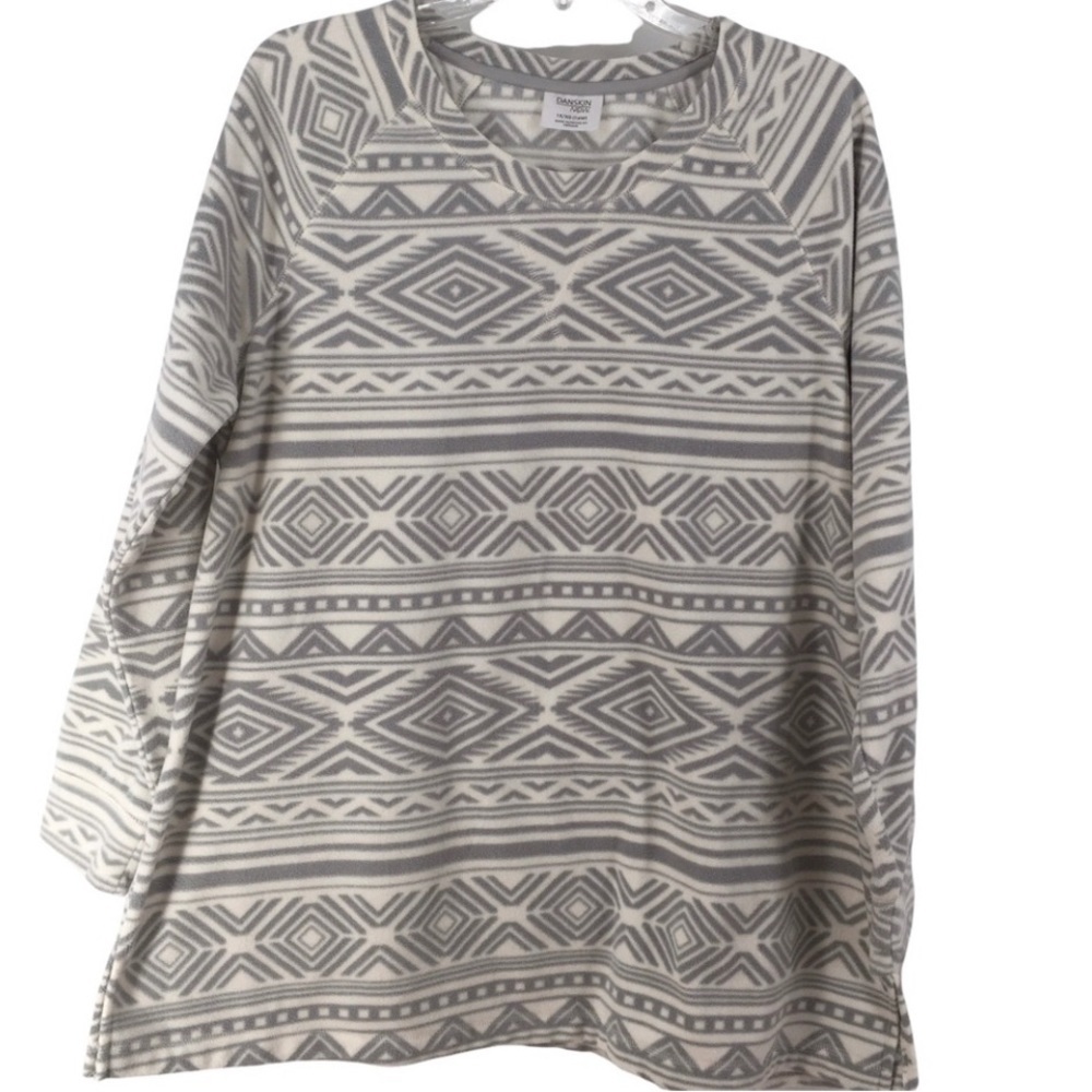 DANSKIN NOW Gray/White Aztec Pattern Long Sleeve Fleece Pullover Top - Sz 1x